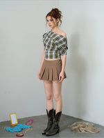 Asymmetric Plaid Draped Top