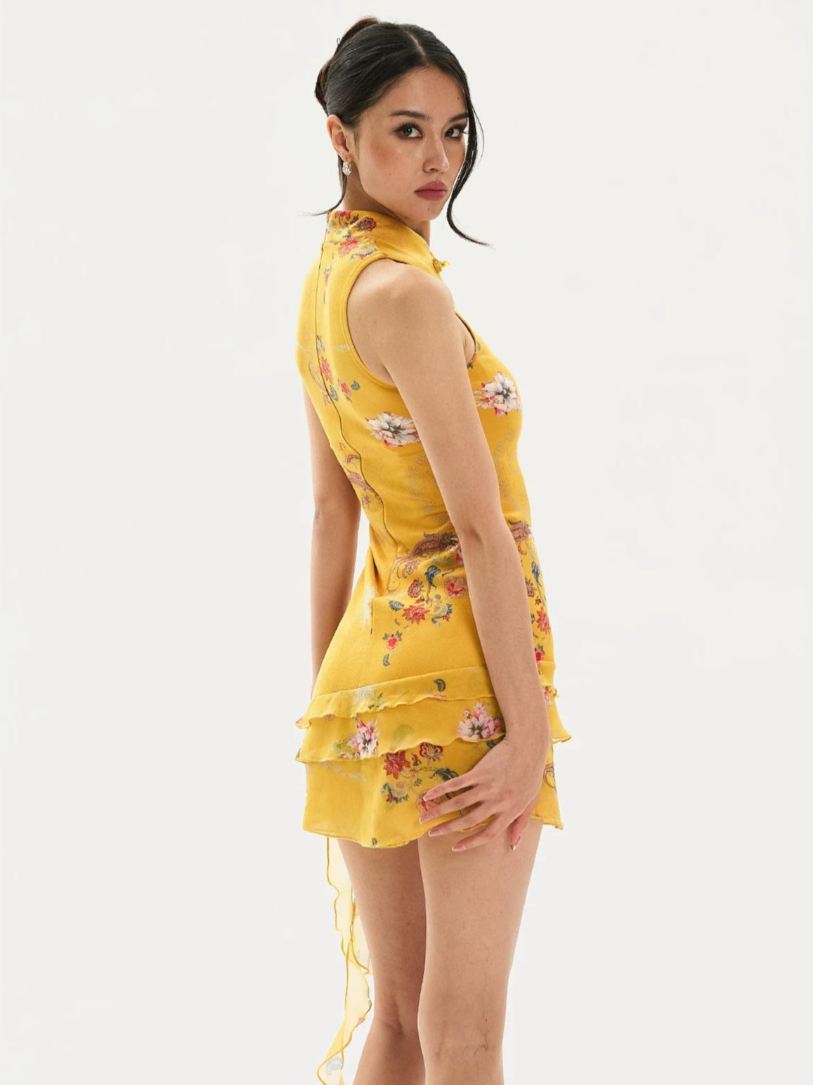 Mandarin Collar Floral Qipao Mini Dress