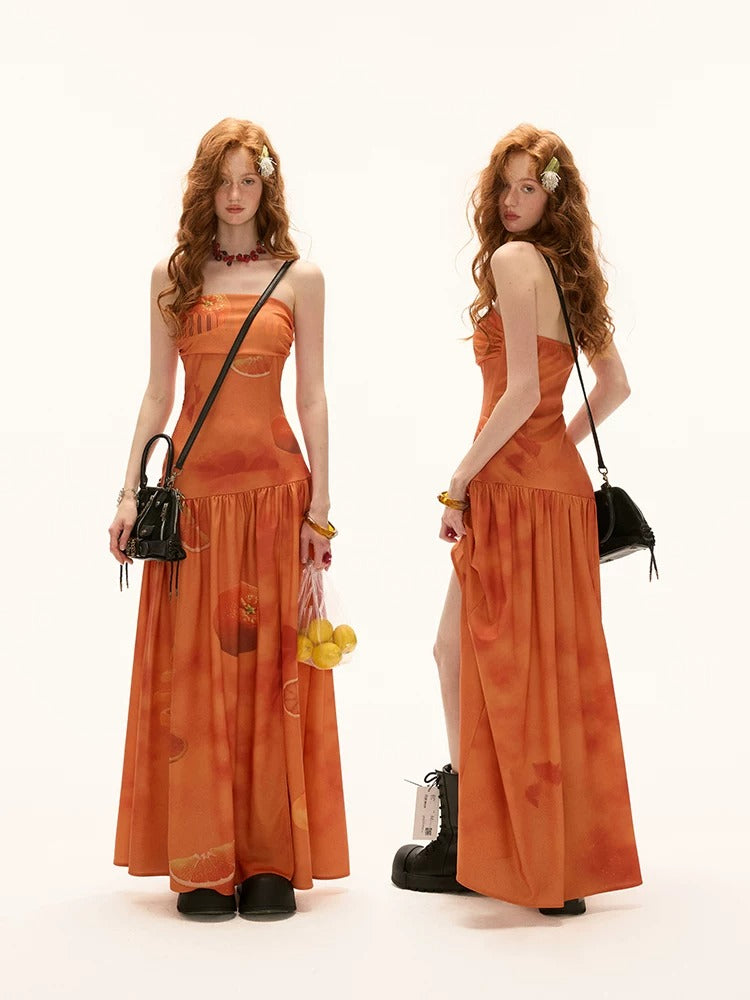 Orange Strapless Slit A-Line Dress