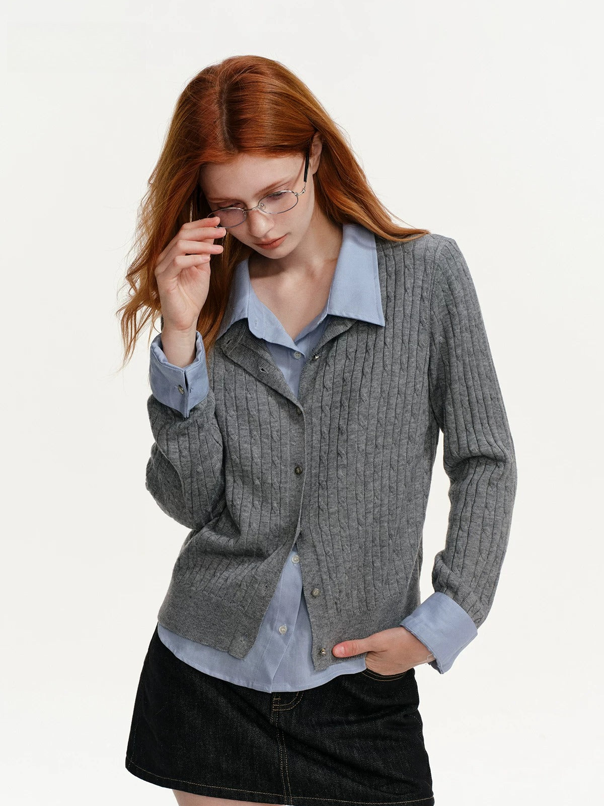 Cable Knit Layered Shirt Cardigan