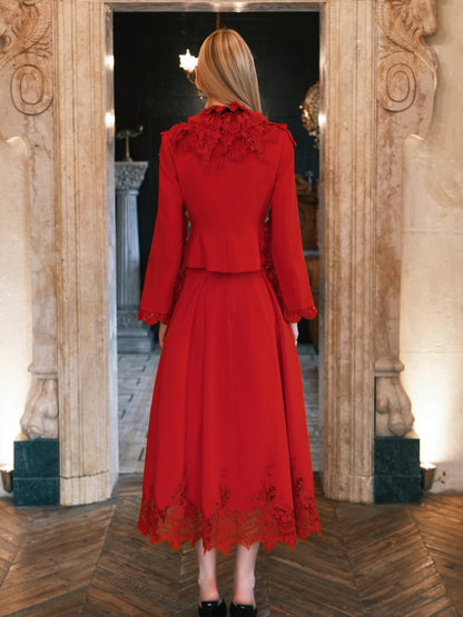 Mirage Vintage Lace-Collar Blazer &amp; Flared Skirt Set