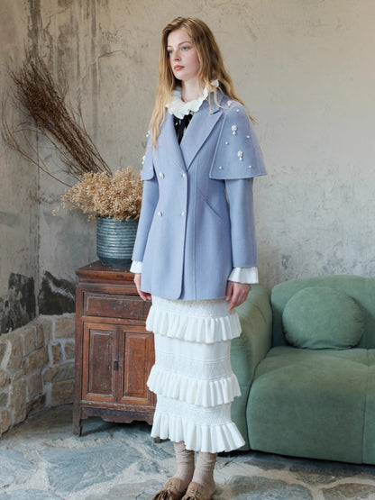 Mira Vintage-Inspired Pearl Cape Woolen Coat