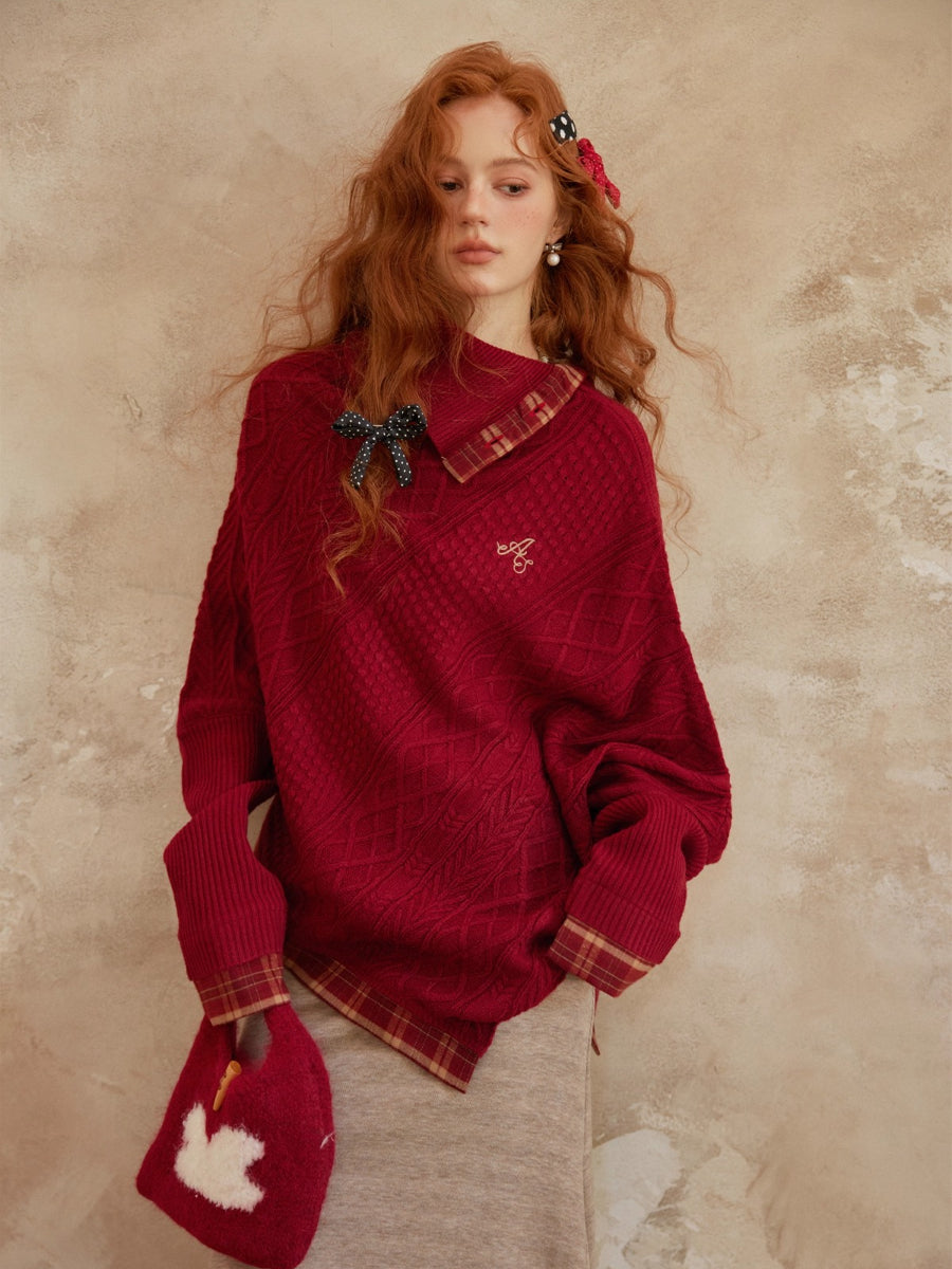 Plaid Patchwork Batwing Sleeve Knit Sweater