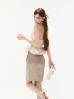 Brown Ruched Satin Mini Skirt