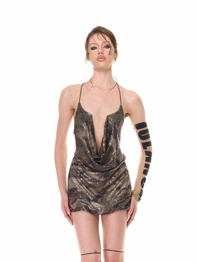 Camo Cutout Halter Dress