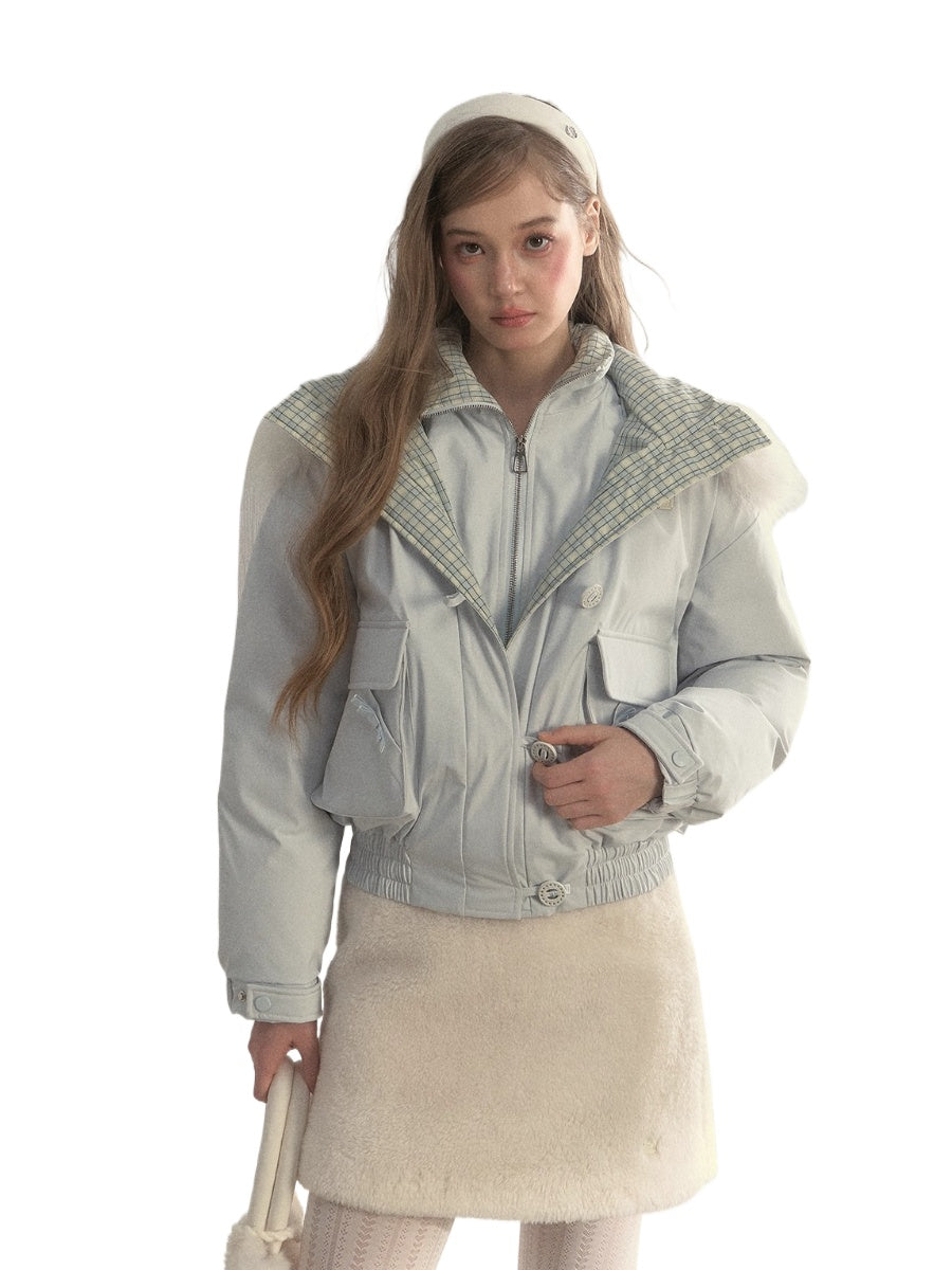 “Flowing Glacier” Patchwork Down Jacket with Fur Collar