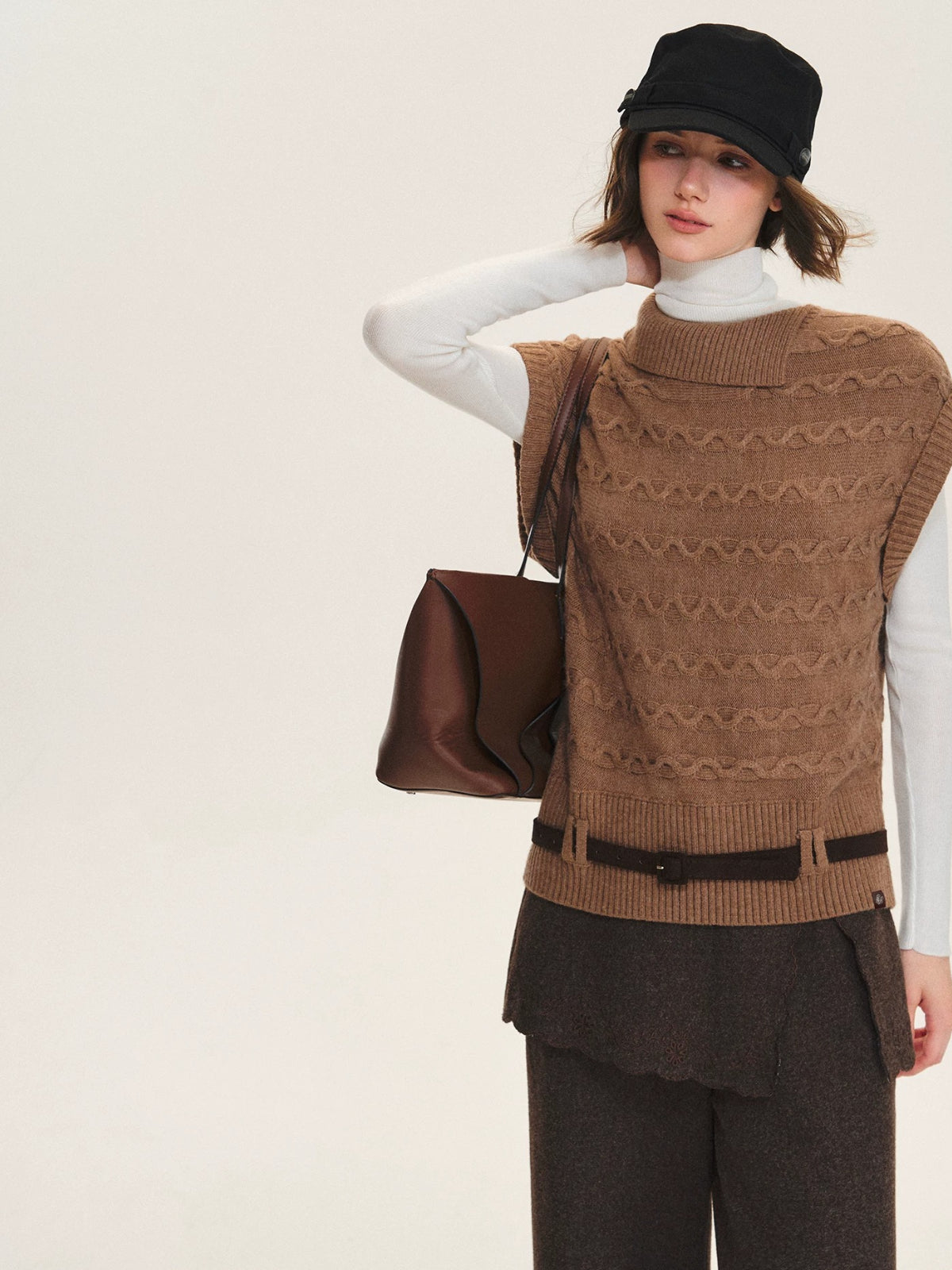 Belted Collared Wool Blend Vest
