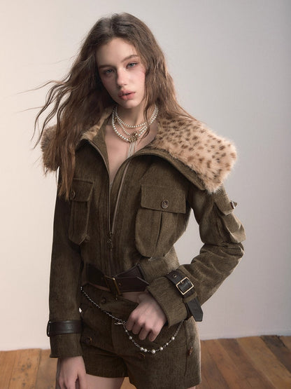 Leopard Print Oversized Fur Collar Thickened Coat