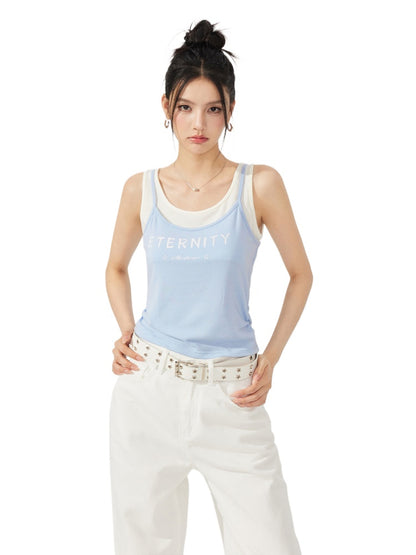 Fake Two-Piece Contrast-Color Spliced Tank Top
