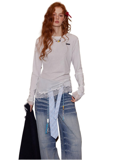Lace Panel Long-Sleeve Top