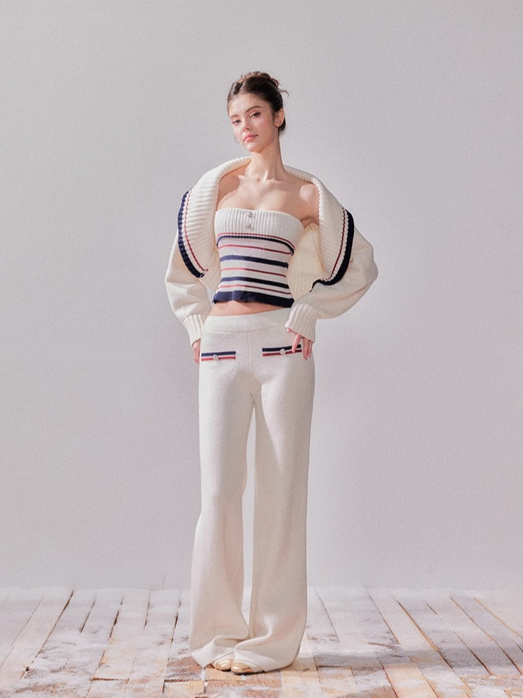 Striped Oversized Collar Knit Cardigan and Pants Set