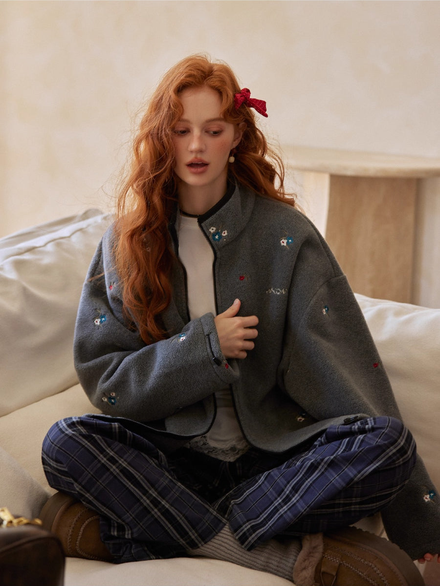 Floral Embroidered Fleece Jacket