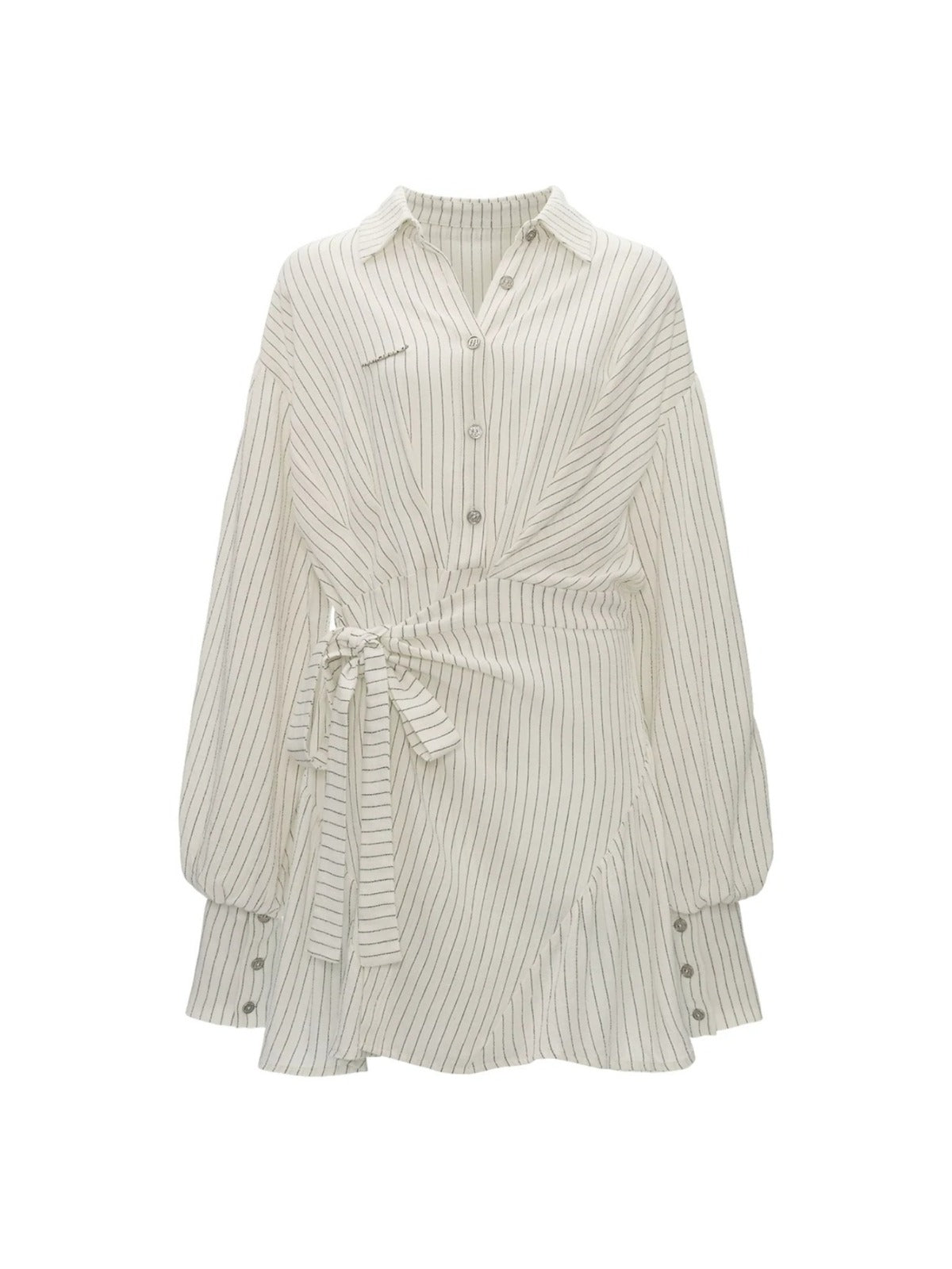 Striped Linen Tie Waist Long Shirt
