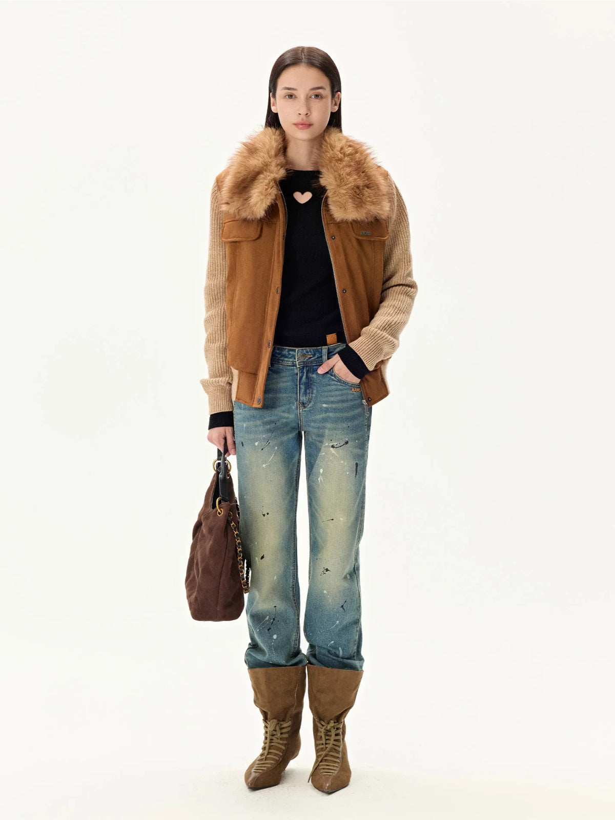 Faux Suede Wool Collar Jacket