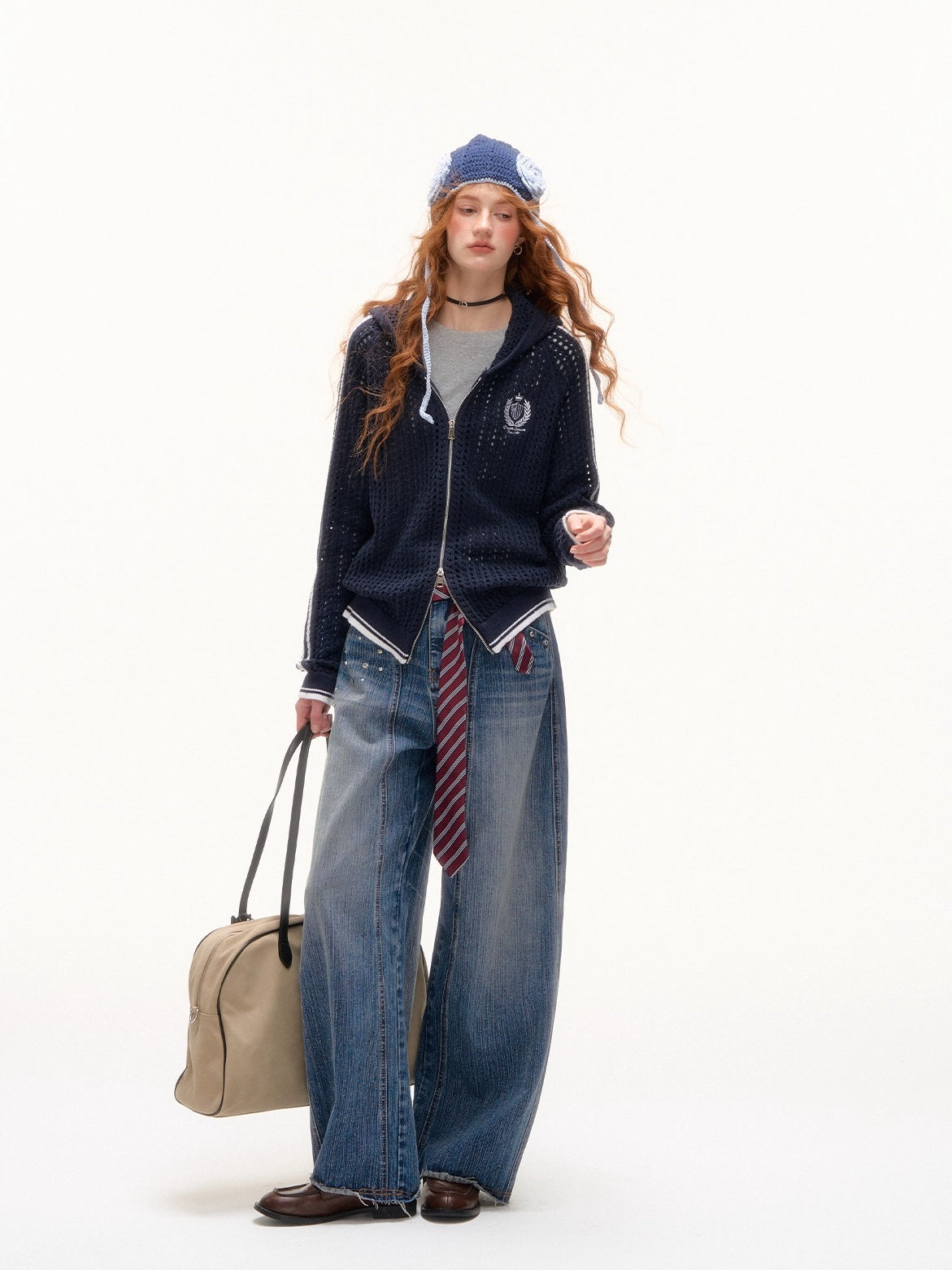 Blue &amp; Red Embroidered Knit Hoodie