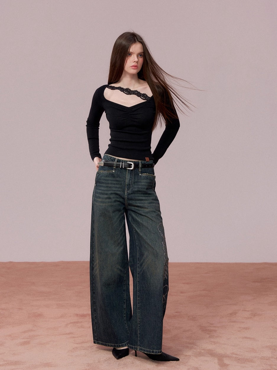 Ruched Lace Detail Knit Top