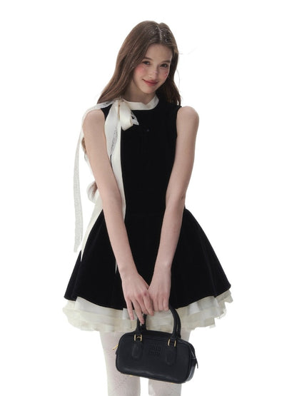 Black Velvet Bow Mini Dress