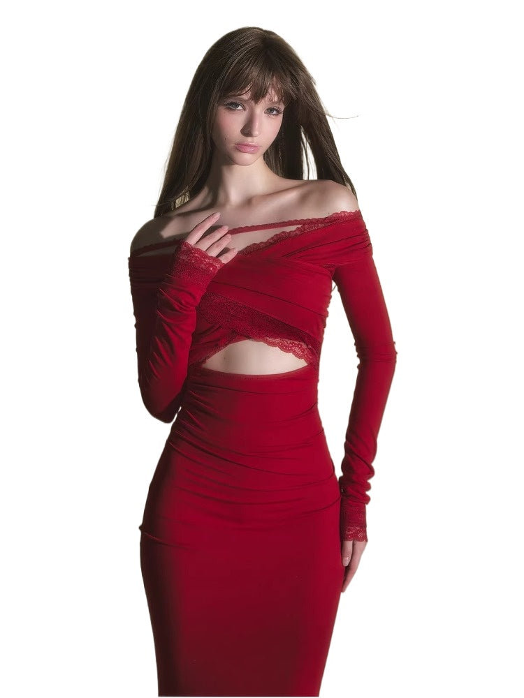 Red Off-Shoulder Long-Sleeve Bodycon Dress
