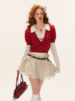 Crochet V-Neck Puff Sleeve Knit