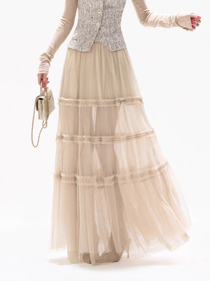 Champagne Pleated Mesh Skirt