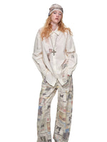 Cat Newspaper Print Canvas Pants