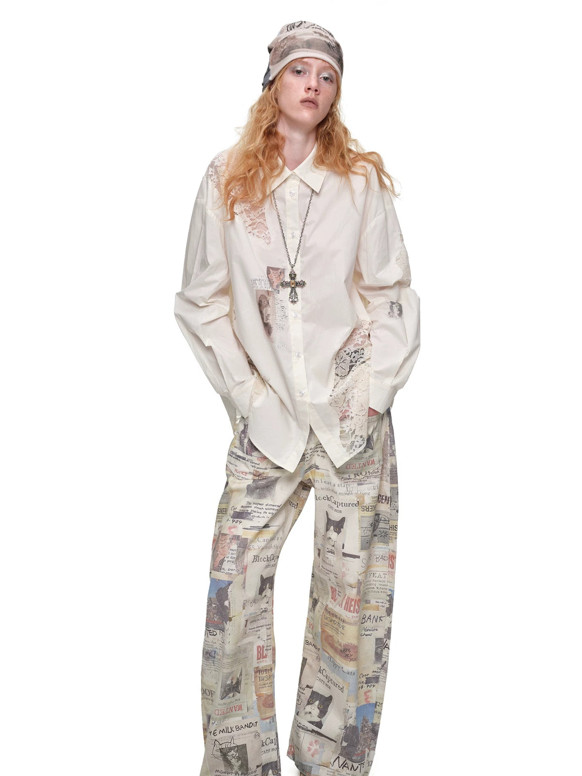 Cat Newspaper Print Canvas Pants