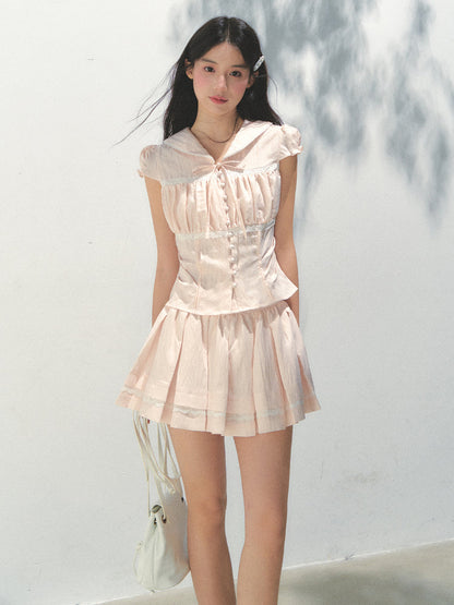 Navy Collar Lyocell Waist-cinching Shirt &amp; Skirt Set