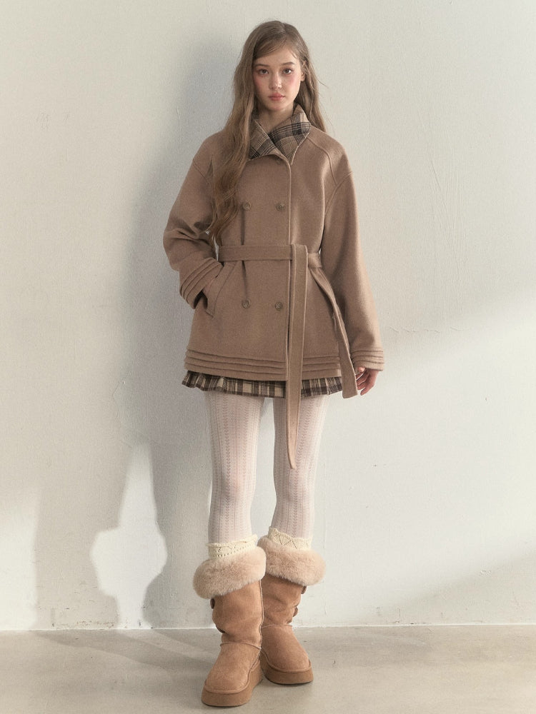 Plaid-Collar Double-Breasted Wool Coat