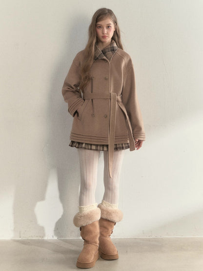 Plaid-Collar Double-Breasted Wool Coat