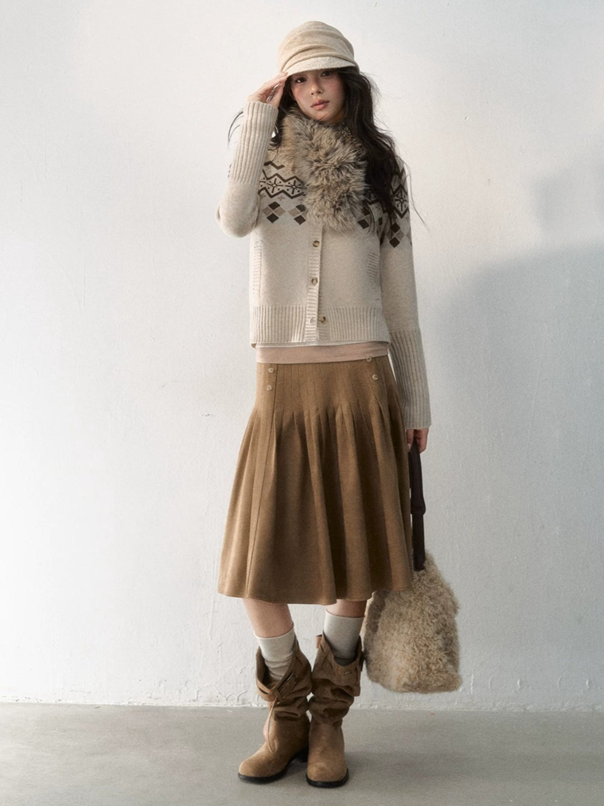 Side-Button Faux Suede Pleated Skirt
