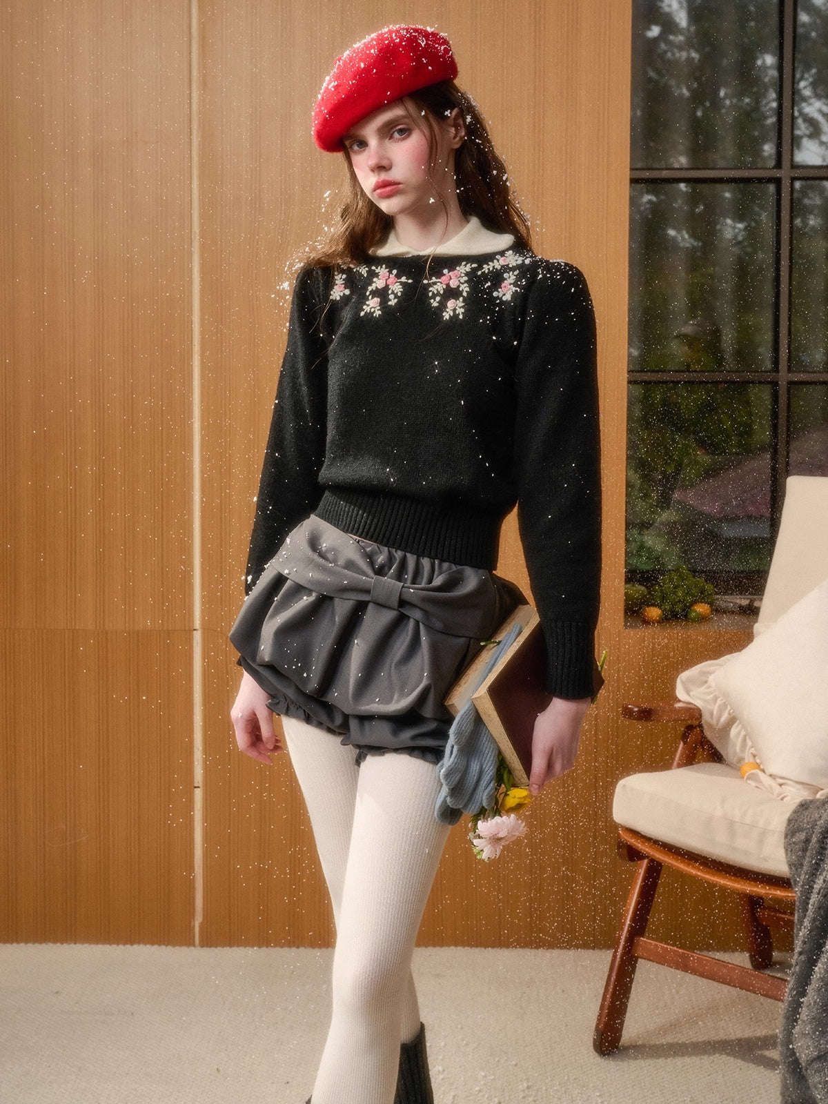 Hand-Embroidered Peter-Pan Collar Knit Top