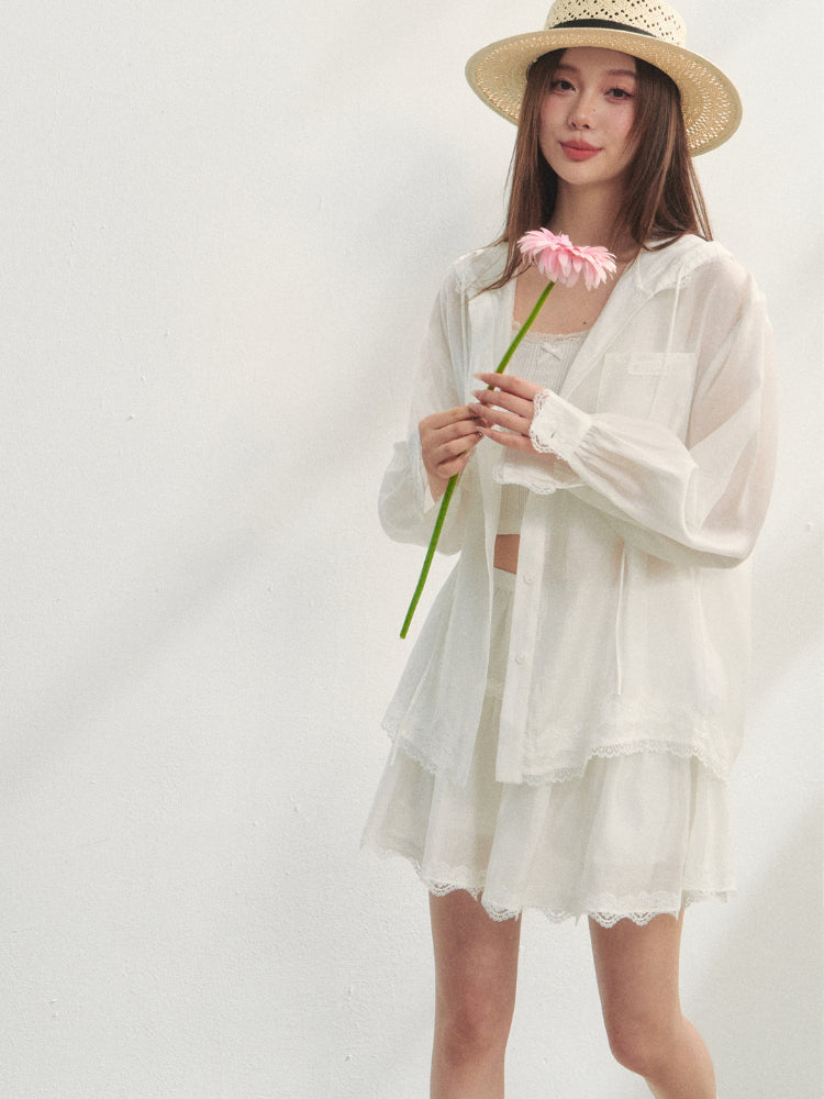 White Lace Panel Hooded Coat &amp; Skirt Set