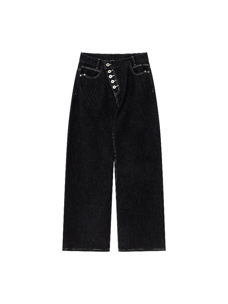 Asymmetric Button Straight Jeans