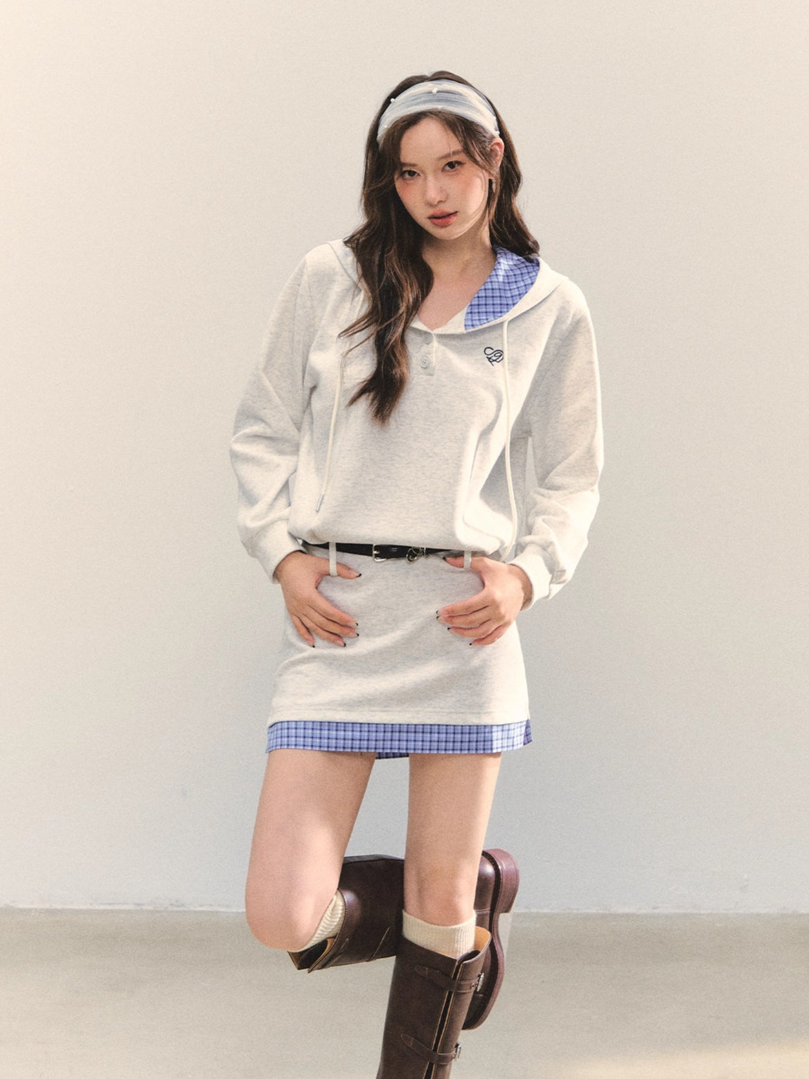 Gray Floral Checkered Patchwork Hoodie Dress