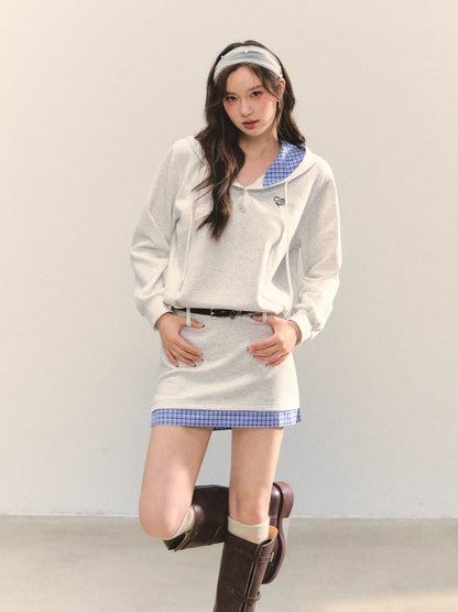 Gray Floral Checkered Patchwork Hoodie Dress