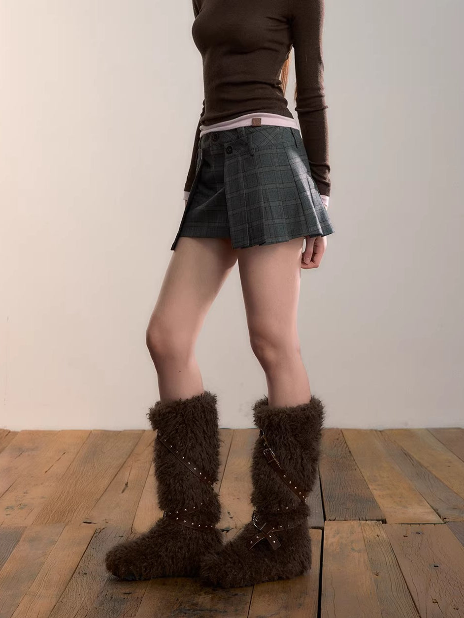 Gray Plaid Double Waist Pleated Skirt