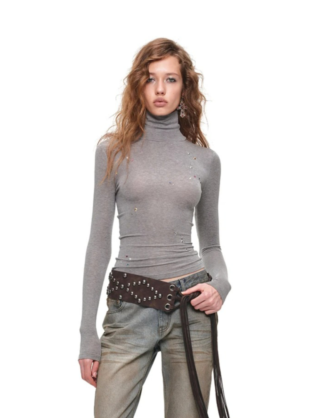 Rhinestone Lyocell Wool Turtleneck Top