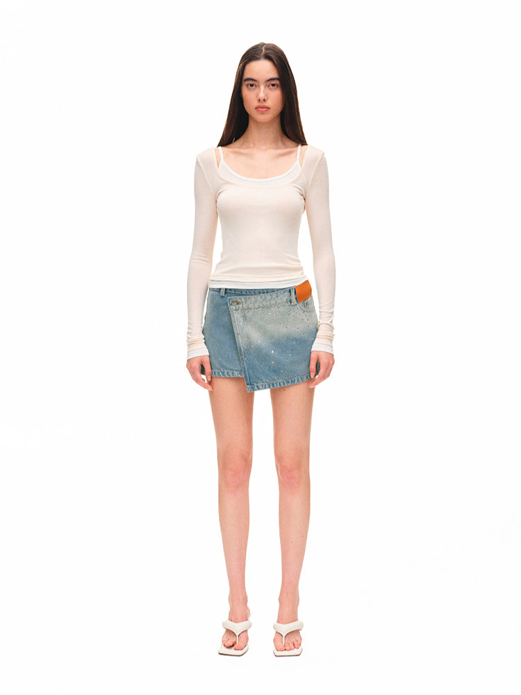 Color-block Two-piece Integrated Strap Layered T-shirt Top
