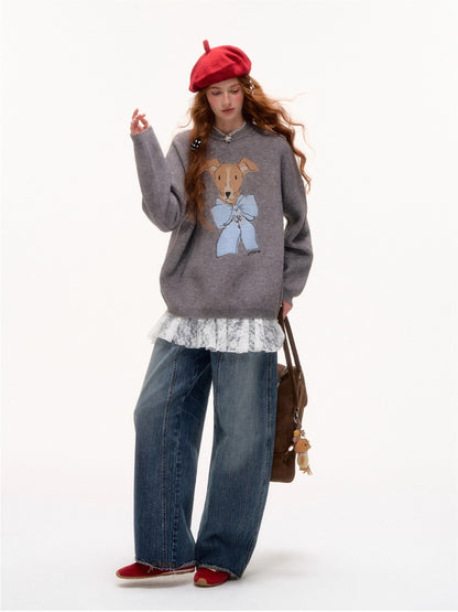 Bow-Knot Puppy Jacquard Pullover Sweater