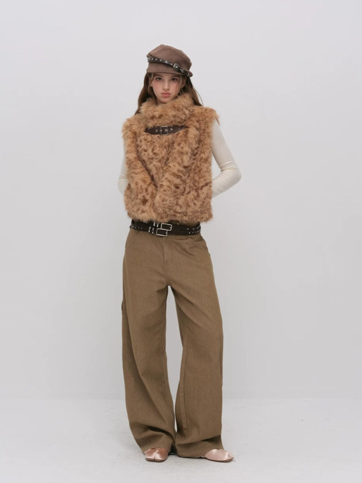 Leopard Faux Fur Sleeve Vest Jacket