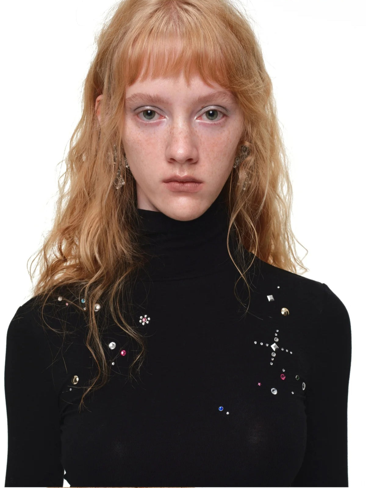 Rhinestone Lyocell Wool Turtleneck Top