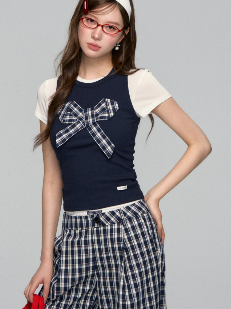 Checkered Bow Contrast Color Short-Sleeve Set