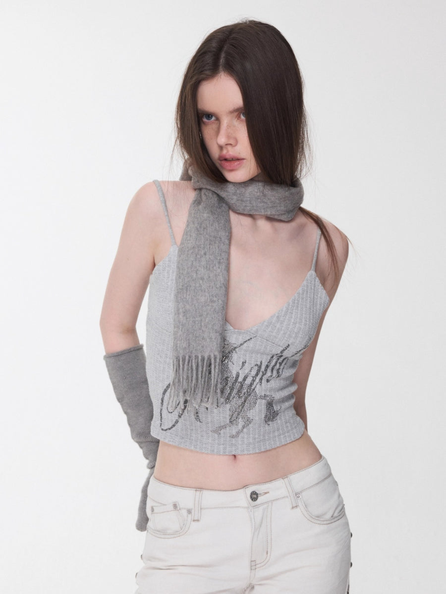 Knight Horse Rhinestone Cable Knit Cami Top