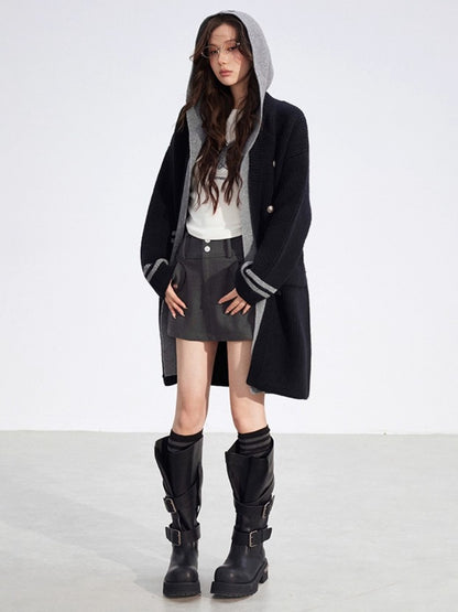 Detachable Collar Long Knit Coat
