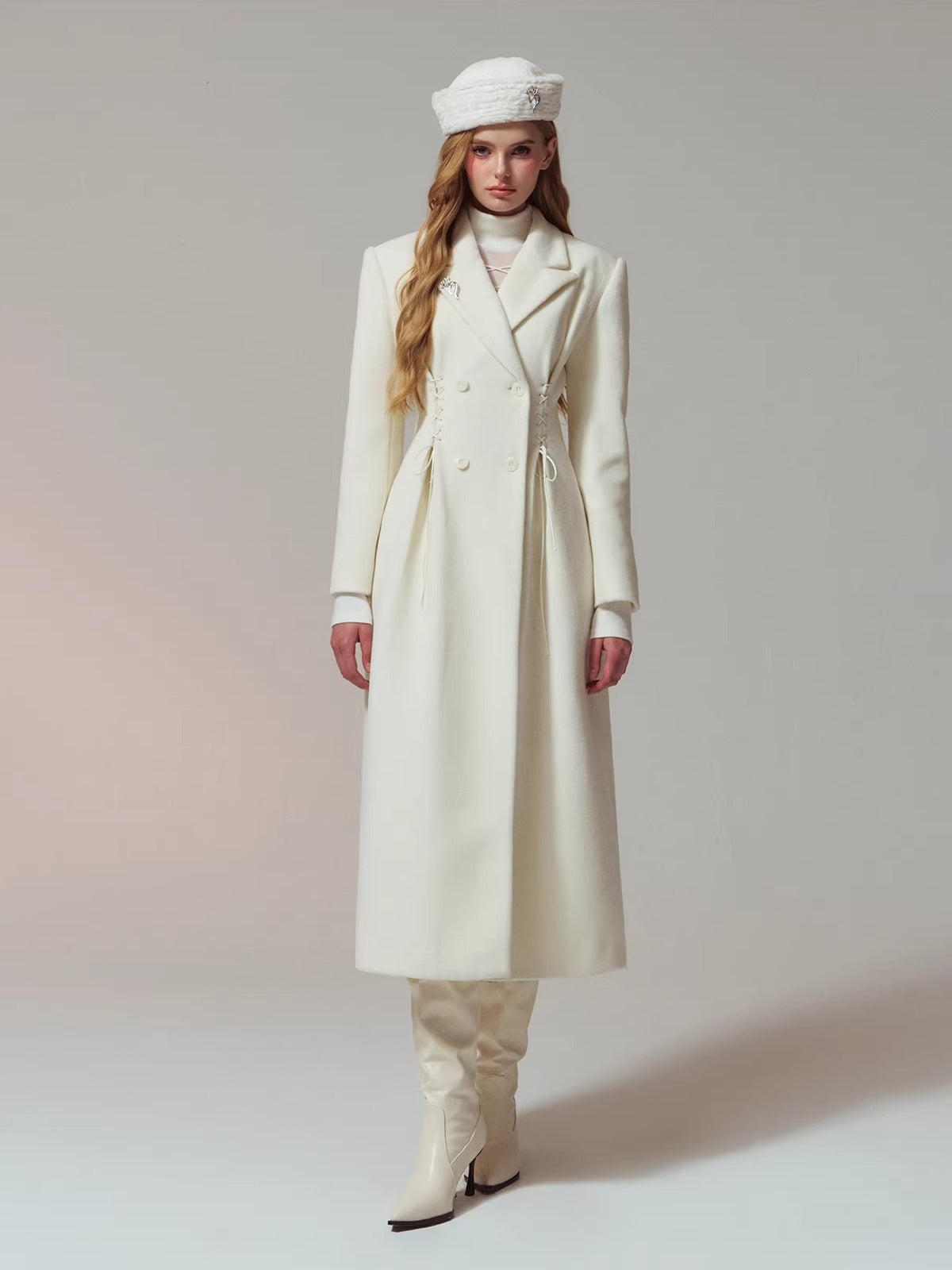 Laced Waist Double Breasted Wool Coat