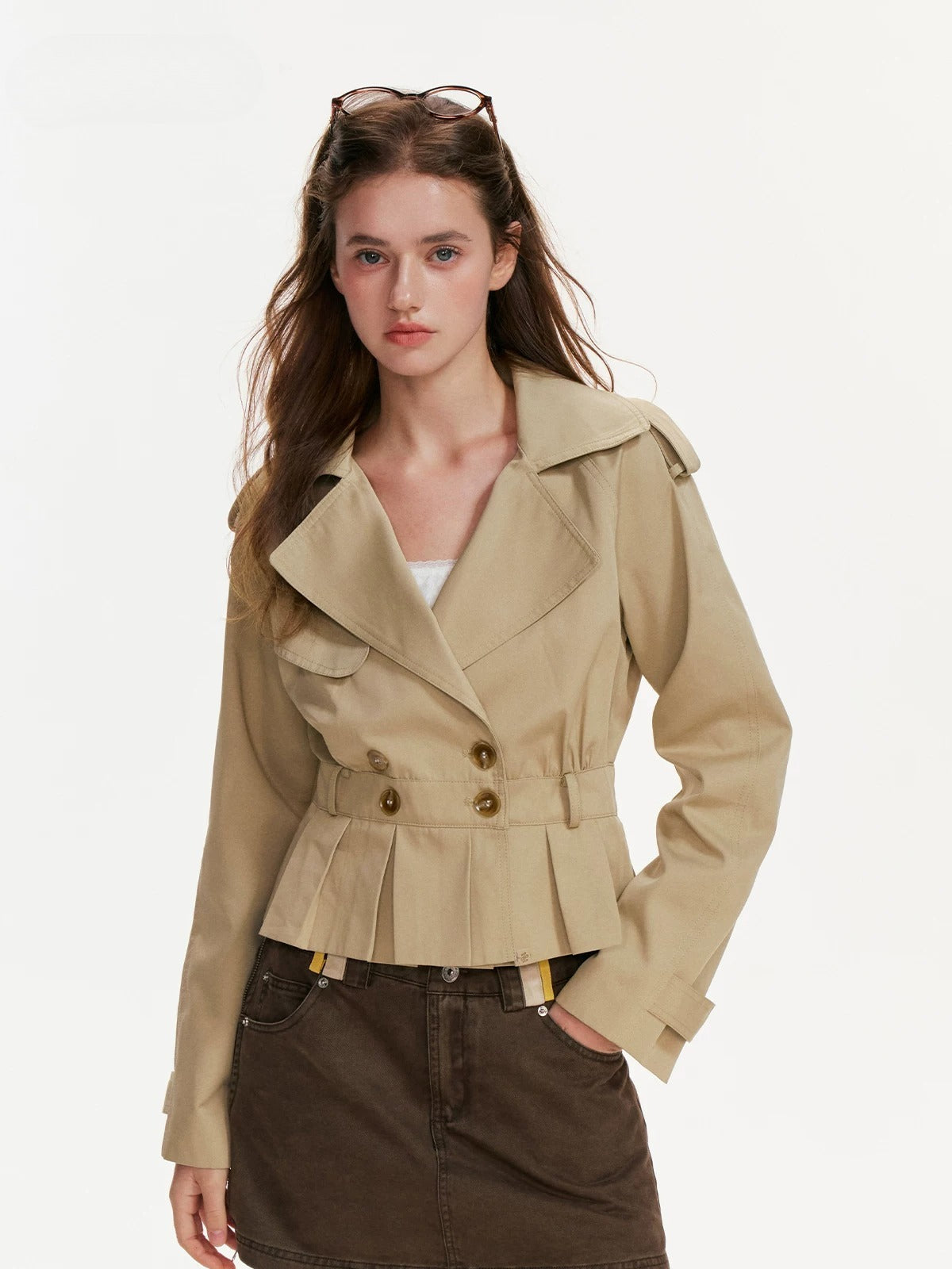 Double Breasted Pleated Trench Jacket