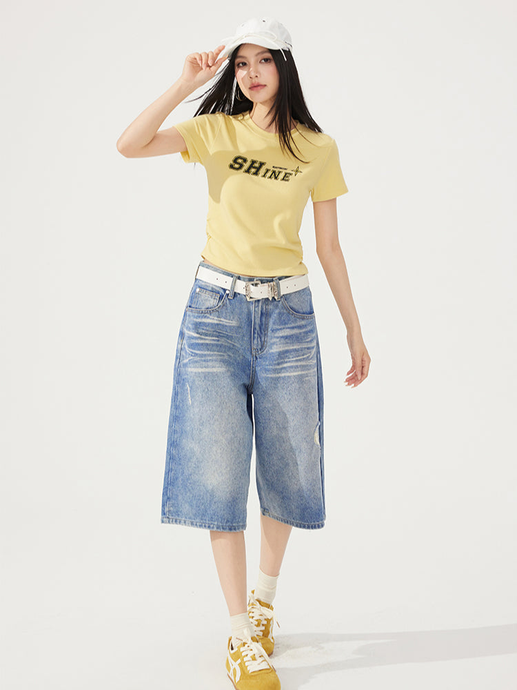Letter Embroidered High-Elasticity T-Shirt