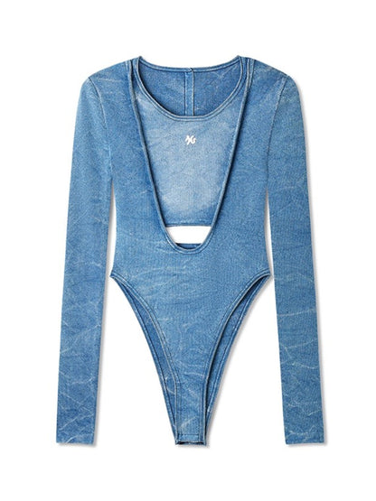 &quot;Caracal Series&quot; Washed Crinkle Denim Mesh Bodysuit