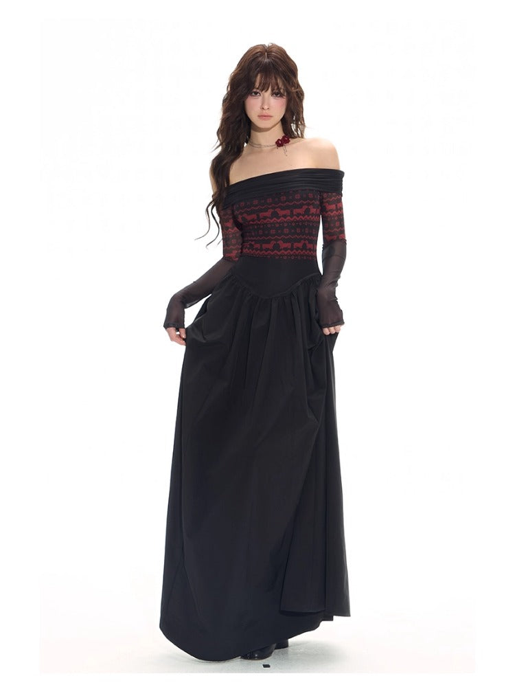 Black-Spliced Slim Off-Shoulder Dress