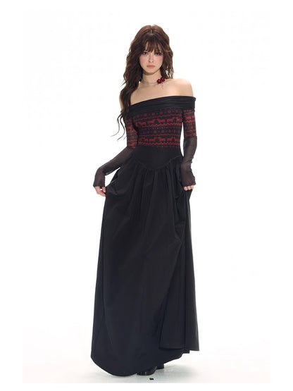 Black-Spliced Slim Off-Shoulder Dress